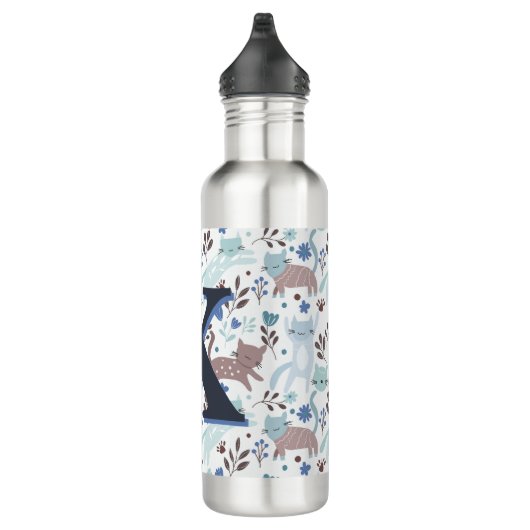 Whimsical Cat Pattern, Blaugraues Monogramm Edelstahlflasche (Rechts)