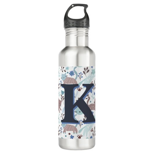 Whimsical Cat Pattern, Blaugraues Monogramm Edelstahlflasche (Vorderseite)