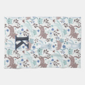 Whimsical Cat Pattern, Blaugraues Monogramm Geschirrtuch (Horizontal)