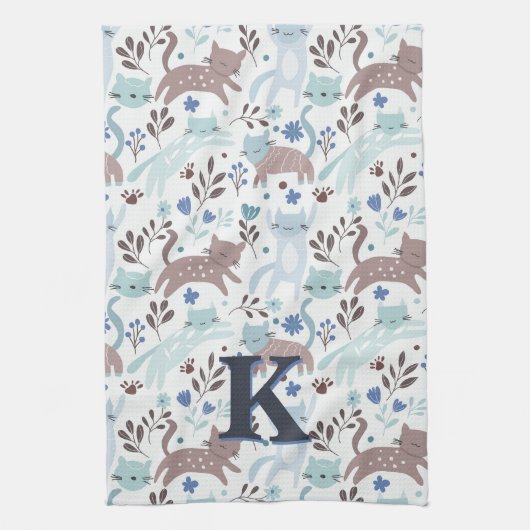 Whimsical Cat Pattern, Blaugraues Monogramm Geschirrtuch (Vertikal)