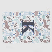 Whimsical Cat Pattern, Blaugraues Monogramm Golfhandtuch (Horizontal)