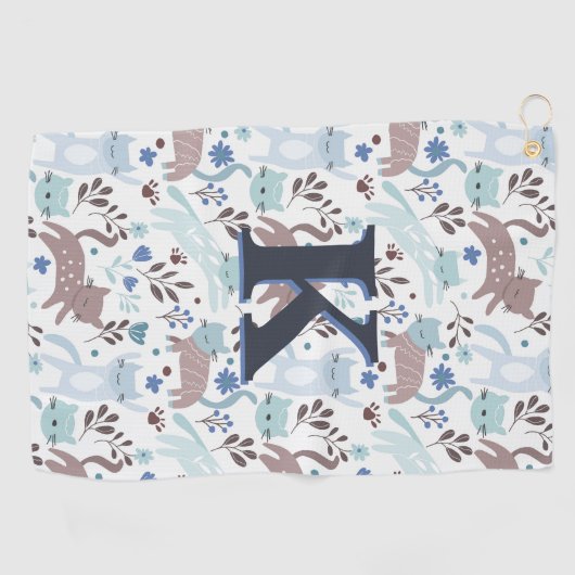 Whimsical Cat Pattern, Blaugraues Monogramm Golfhandtuch (Horizontal)