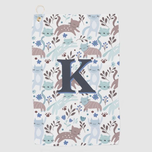 Whimsical Cat Pattern, Blaugraues Monogramm Golfhandtuch (Vorderseite)