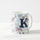 Whimsical Cat Pattern, Blaugraues Monogramm Kaffeetasse (VorderseiteRechts)