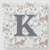 Whimsical Cat Pattern, Blaugraues Monogramm Steinuntersetzer (Vorderseite)