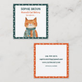 Whimsical Cat Paw Muster Zuhause & Cat Sitzen Quadratische Visitenkarte (Vorne/Hinten)