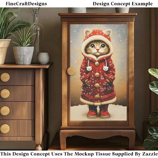 Whimsical Cat, Red Coat, Snow EJ5 Decoupage Seidenpapier
