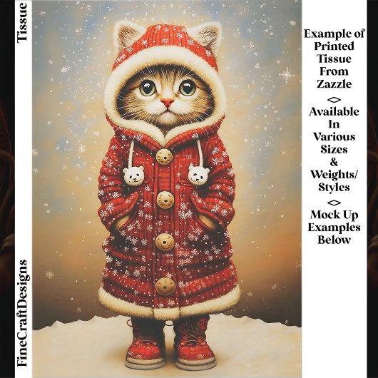 Whimsical Cat, Red Coat, Snow EJ5 Decoupage Seidenpapier