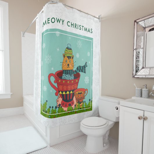 Whimsical Cat Sitzen in einem Teacup Weihnachten Duschvorhang (Beispiel)