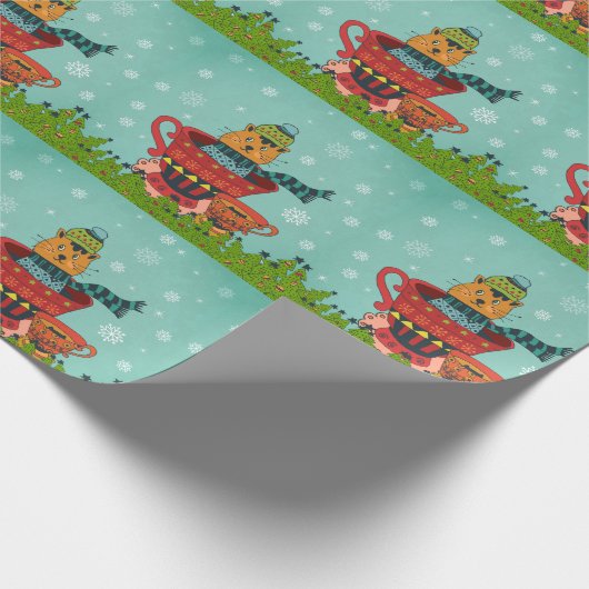 Whimsical Cat Sitzen in einem Teacup Weihnachten Geschenkpapier (Ecke)