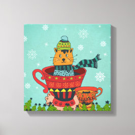 Whimsical Cat Sitzen in einem Teacup Weihnachten Leinwanddruck