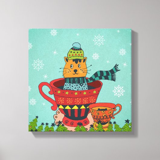 Whimsical Cat Sitzen in einem Teacup Weihnachten Leinwanddruck (Vorderseite)