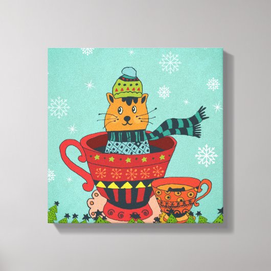 Whimsical Cat Sitzen in einem Teacup Weihnachten Leinwanddruck (Vorderseite)