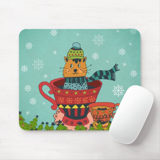 Whimsical Cat Sitzen in einem Teacup Weihnachten Mousepad (Mit Mouse)