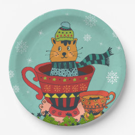 Whimsical Cat Sitzen in einem Teacup Weihnachten Pappteller