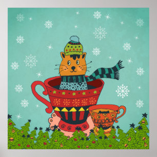 Whimsical Cat Sitzen in einem Teacup Weihnachten Poster