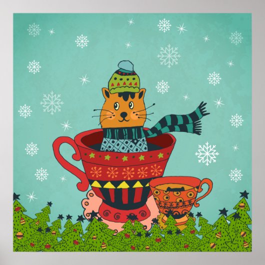 Whimsical Cat Sitzen in einem Teacup Weihnachten Poster (Vorne)
