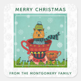 Whimsical Cat Sitzen in einem Teacup Weihnachten Quadratischer Aufkleber