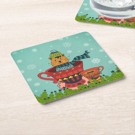 Whimsical Cat Sitzen in einem Teacup Weihnachten Rechteckiger Pappuntersetzer (angewinkelt)