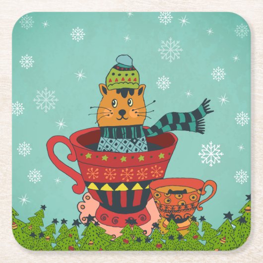 Whimsical Cat Sitzen in einem Teacup Weihnachten Rechteckiger Pappuntersetzer (Vorderseite)