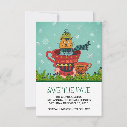 Whimsical Cat Sitzen in einem Teacup Weihnachten Save The Date (Vorderseite)