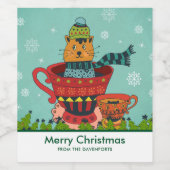 Whimsical Cat Sitzen in einem Teacup Weihnachten Weinetikett (Einzelnes Label)