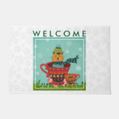 Whimsical Cat Sitzen in einem Teacup Willkommen Fußmatte (Vorderseite)