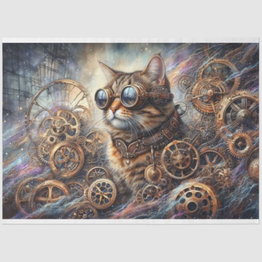 Whimsical Cat Steampunk Galaxy Quest Decoupage Seidenpapier (Vorderseite)