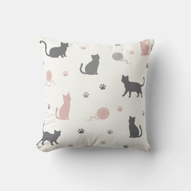 Whimsical Cat und Garn-Silhouette-Muster Kissen (Vorderseite)