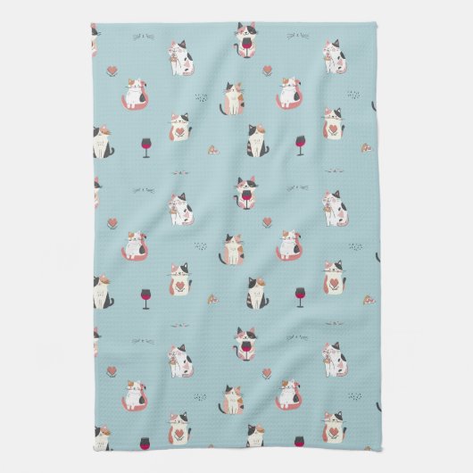 Whimsical Cat & Wine Kitchen Handtücher (Vertikal)
