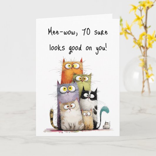 Whimsical Cats Big Eyes 70th Birthday Greeting Karte (Gelbe Blume)