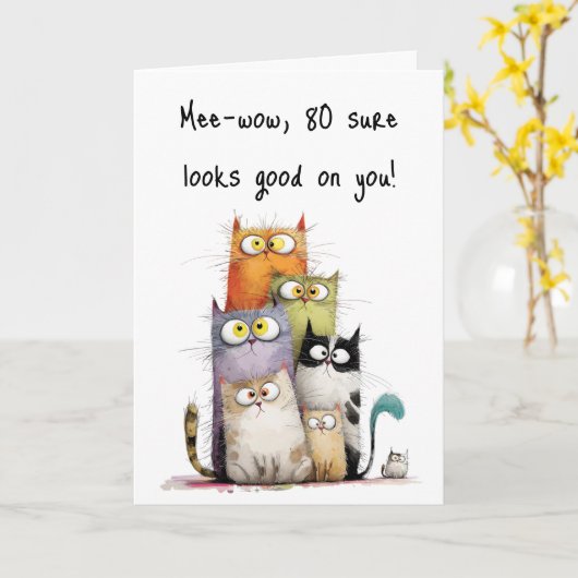 Whimsical Cats Big Eyes 80th Birthday Greeting Karte (Gelbe Blume)