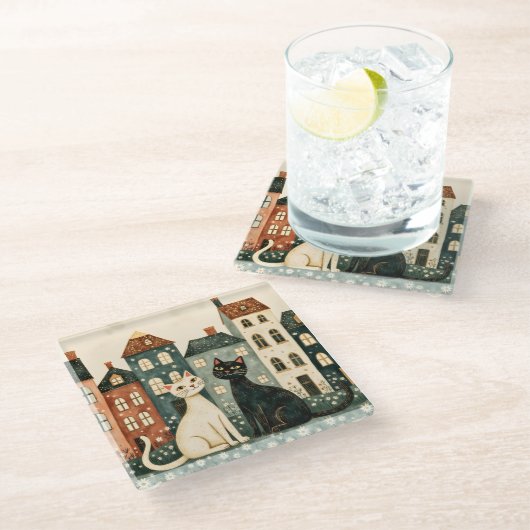 Whimsical Cats Glasuntersetzer (Schrägansicht)