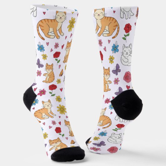 Whimsical Cats Herzen und Blumen Farbige Socken (Gewinkelt)