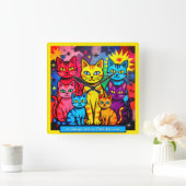 [Whimsical Cats] Modern Pop Art Colorful Quadratische Wanduhr (Zuhause)