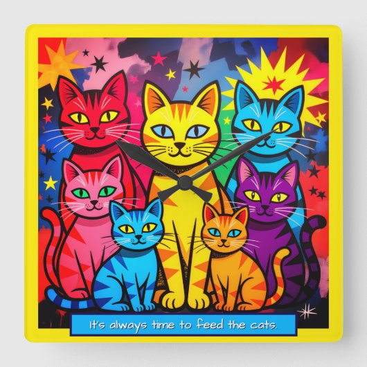 [Whimsical Cats] Modern Pop Art Colorful Quadratische Wanduhr (Vorderseite)
