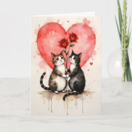 Whimsical Cats Valentine Hearts and Red Roses Karte