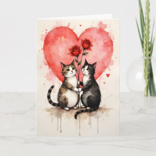 Whimsical Cats Valentine Hearts and Red Roses Karte (Vorderseite)