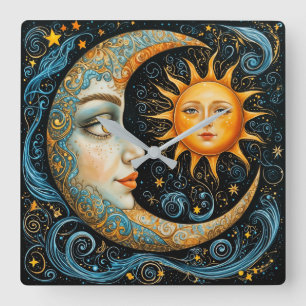 Whimsical Celestial Dream: Mond und Sonne. Quadratische Wanduhr