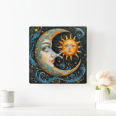Whimsical Celestial Dream: Mond und Sonne. Quadratische Wanduhr (Zuhause)