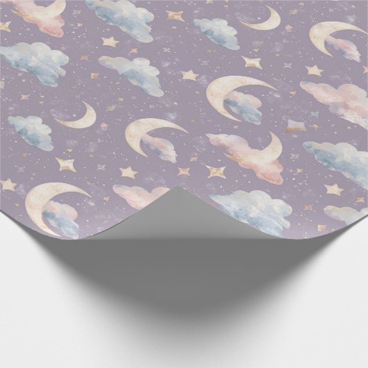 Whimsical Celestial Watercolor Moon Stars Clouds Geschenkpapier (Ecke)