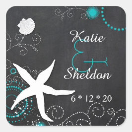 Whimsical Chalkboard Beach Hochzeit Quadratischer Aufkleber