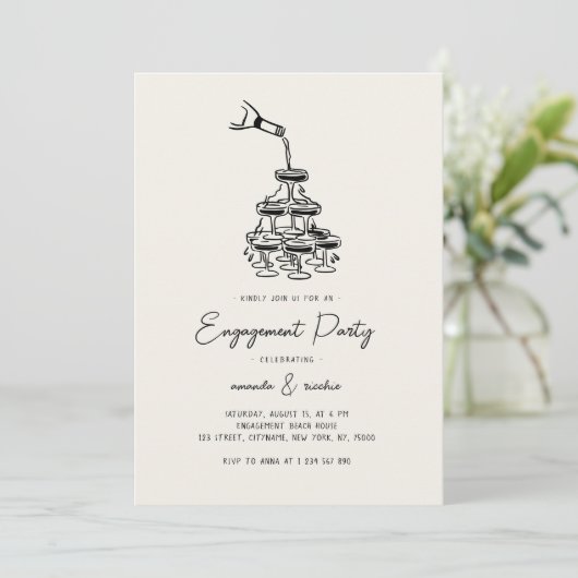 Whimsical Champagne Bubbly Tower Engagement Party Einladung (Stehend Vorderseite)