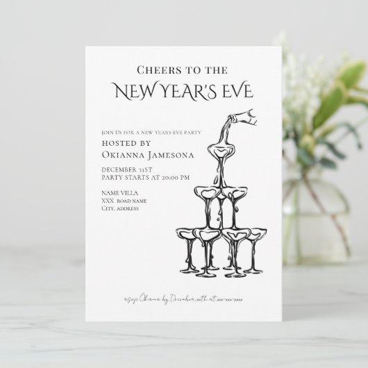 Whimsical Champagne New Year's Eve Party Einladung (Stehend Vorderseite)