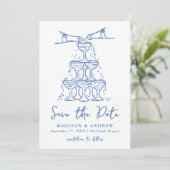 Whimsical Champagne Tower Blue Wedding Save The Date (Stehend Vorderseite)