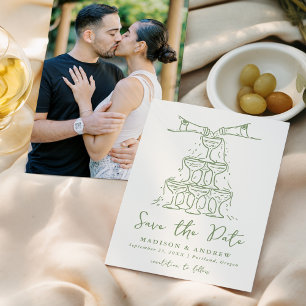 Whimsical Champagne-Turm Grüne Foto-Hochzeit Save The Date