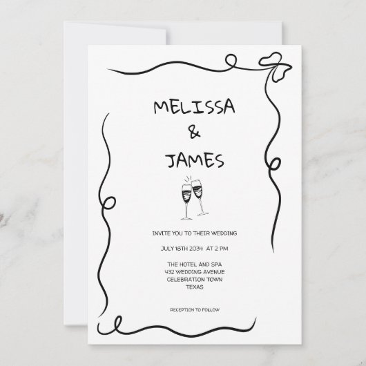 Whimsical Champagner Hand Drawn Wedding Einladung (Vorderseite)