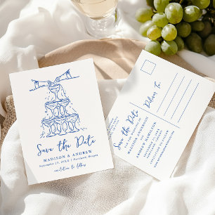 Whimsical Champagner Tower Blue Save the Date Ankündigungspostkarte