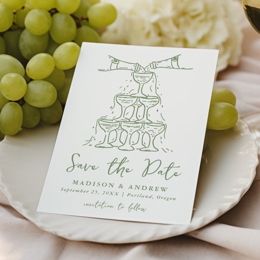 Whimsical Champagner Tower Green Wedding Save The Date