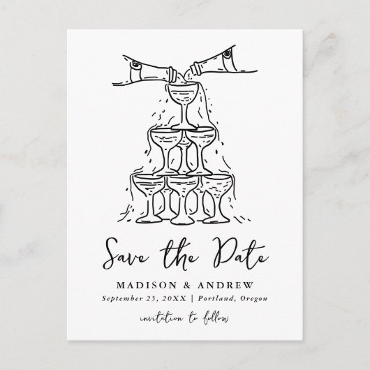 Whimsical Champagner Tower Save the Date Ankündigungspostkarte (Vorderseite)